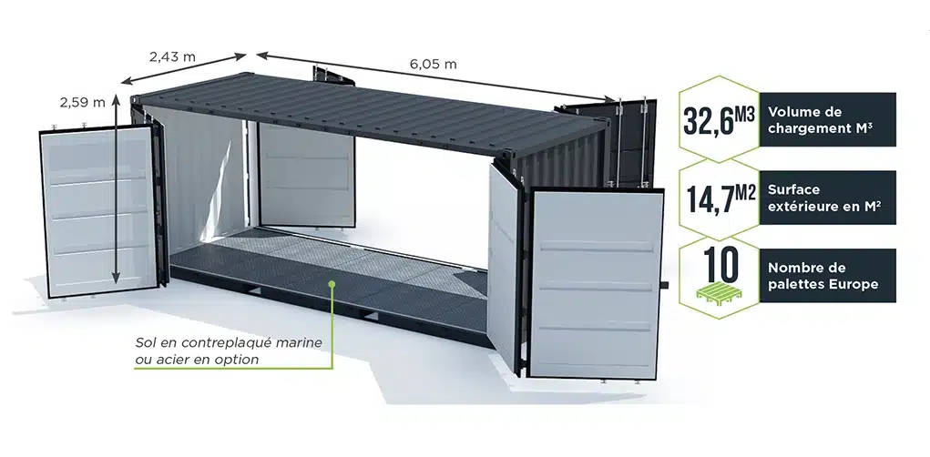 DImensions d'un conteneur de stockage 20 pieds open side double porte.