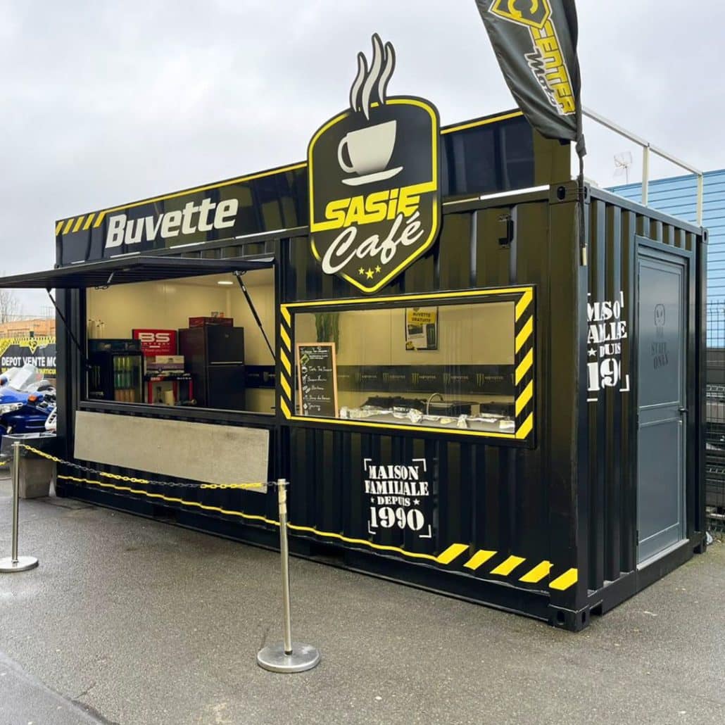 Buvette container avec ouverture latérale et comptoir