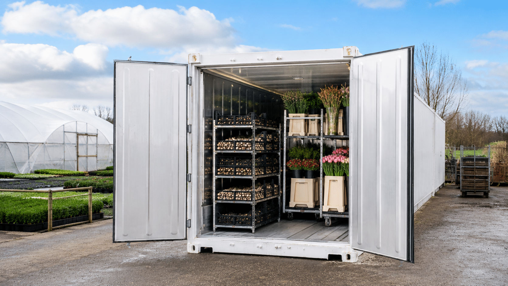 Container frigorifique agricole utilisé pour stocker des fleurs coupées et des plants sur une exploitation horticole