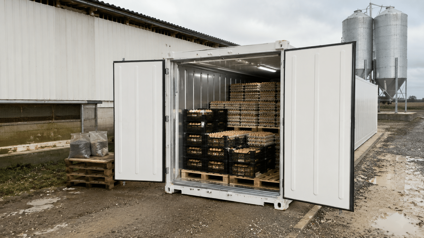 Container frigorifique agricole ouvert avec des palettes de plateaux d’œufs sur une exploitation avicole